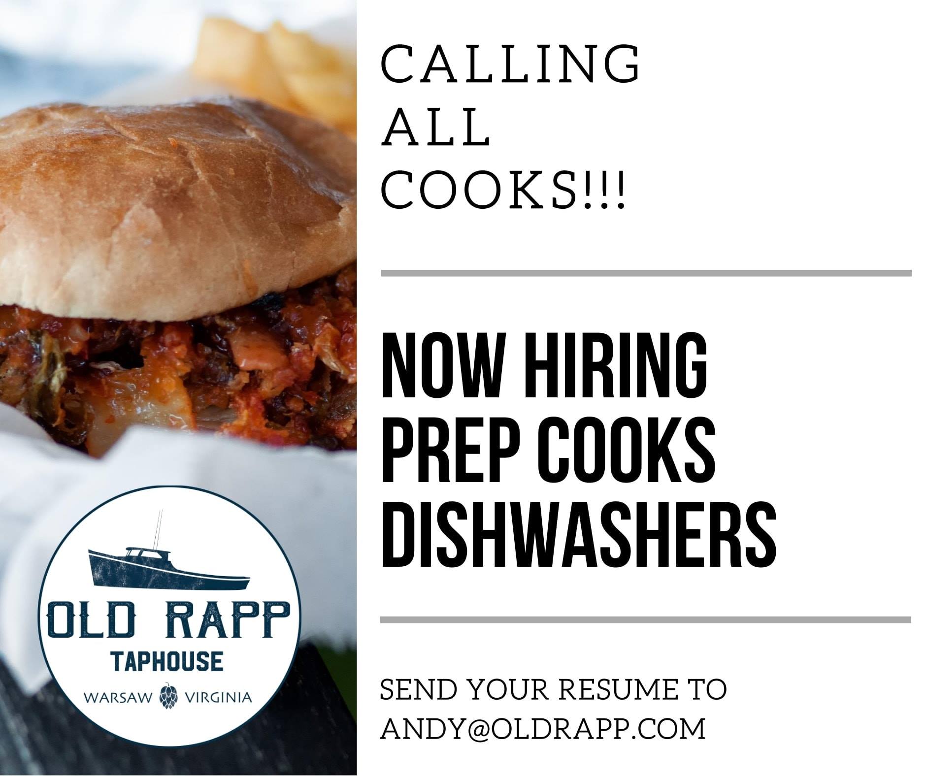 Come get a at Old Rapp! We are looking for dishwashers and prep cooks
