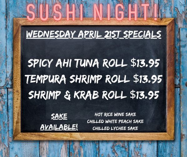 Come on out tonight for your mid-week reward, sushi and sake! See you soon, chee