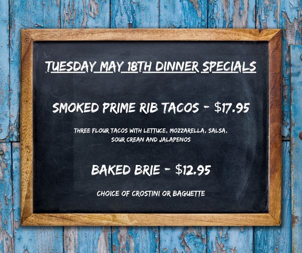 Happy Tuesday folks, come grab some delicious Smoked Prime Rib Tacos or Baked Br