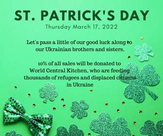 Come join us this Thursday for a special Give Back Night.  This St. Patrick’s Da