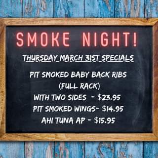 Smoke Night is Back!  Come enjoy some wings and ribs fresh off the pit!